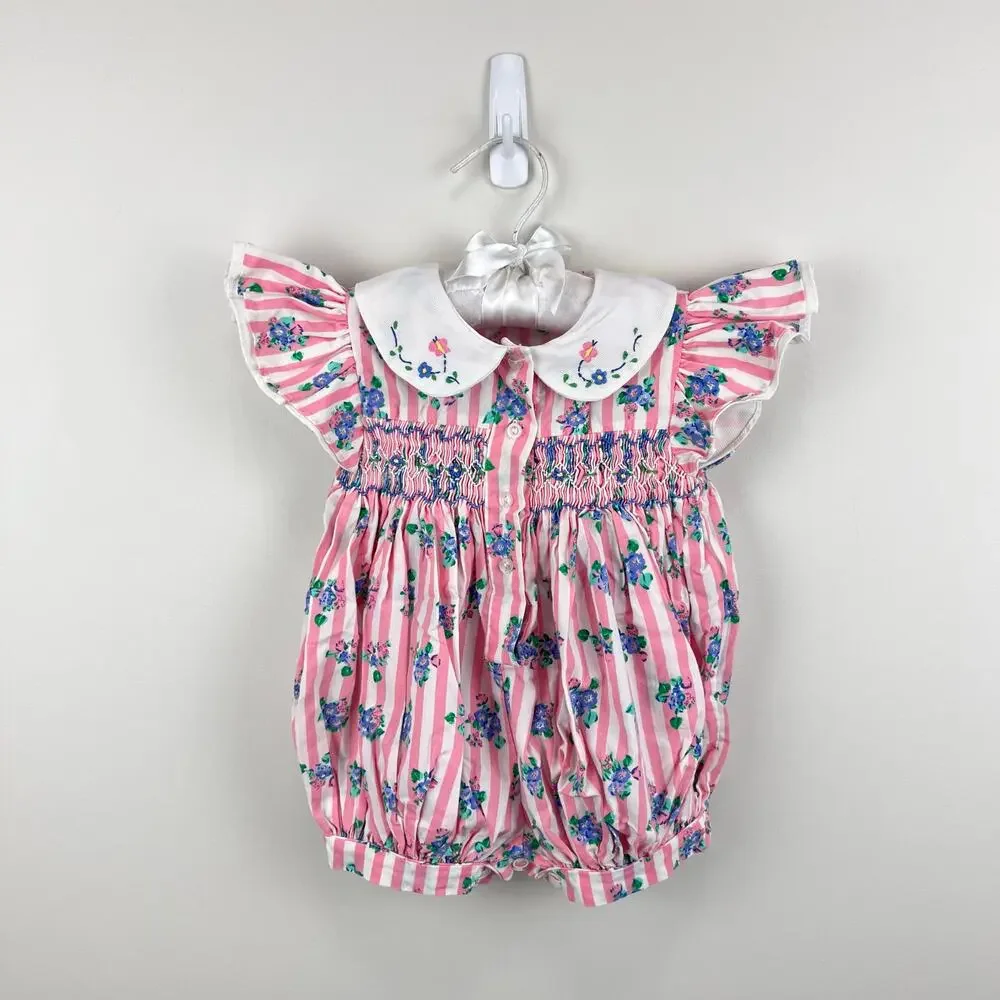 Vintage Allison Ann Smocked Pink Floral Stripe Romper 6-9 Months